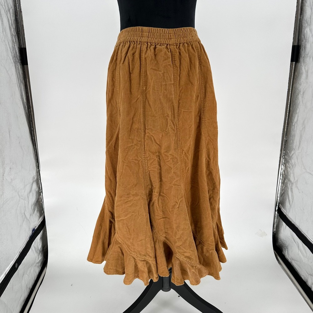 Vtg‎ BFA Classics Camel Tan Corduroy Maxi Denim Cotton Ruffle Skirt XS P Boho